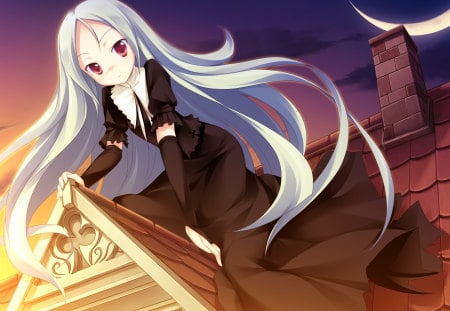 on the roof: the beauty - girl, half moon, long dress, cute, loli