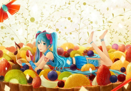 Hatsune Miku - aqua, thighhighs, music, anime girl, white, art, cool, petals, aqua eyes, artistic, hatsune miku, skirt, song, vocaloids, program, vocaloid, beautiful, flwoers, uniform, diva, beauty, nice, twintail, singer, aqua hair, black, virtual, yellow red, fruit salad, pretty, idol, orange, anime, miku, cute, girl, fruits, cg, hatsune, blue, eating, awesome, digital, outfit