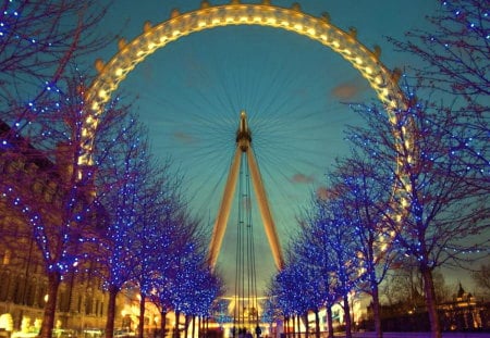 London Beauty - england, street, trees, lights, blue tower, beauty, london