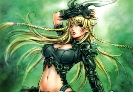 Blonde Elf - female, hot, blonde elf, anime girl, armor, cool, pretty, blonde hair, underboob, cute, pig tail, dagger, sexy, big breasts, warrior, yamashita shunya, hair tails, sweet