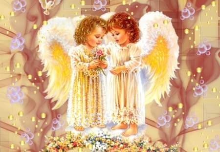 BEAUTIFUL TWIN ANGELS - twin, female, wings, gold, bird, white, yellow, beautiful, angels, flowers