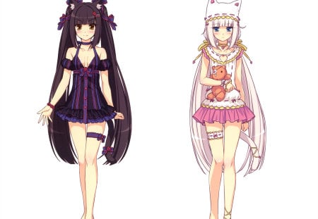 Neko paradice - hat, animal ears, vainilla, long hair, white hair, red eyes, chocola, black hair, barefoot, pijama, blue eyes