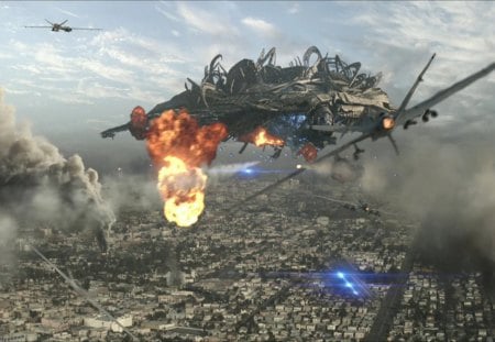 battle : los angeles - spacecraft, city, fighters, smokesky clouds