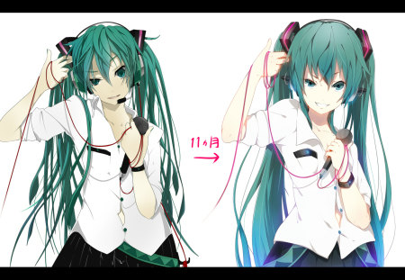 Double Personas - aqua, hot, headset, thighhighs, music, anime girl, white, art, cool, mic, aqua eyes, artistic, hatsune miku, sexy, skirt, song, vocaloids, program, vocaloid, beautiful, uniform, diva, beauty, nice, twintail, singer, aqua hair, black, virtual, pretty, idol, anime, miku, cute, girl, cg, hatsune, microphone, headphones, blue, tie, awesome, digital, outfit