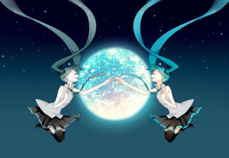 Double Personas - tie, pretty, artistic, planet, uniform, nice, program, leggings, thighhighs, beauty, virtual, cg, white, gray, cute, aqua eyes, song, outfit, vocaloid, anime, blue, twintail, hatsune miku, stars, music, aqua, art, sky, idol, clouds, moon, anime girl, skirt, beautiful, singer, girl, cool, black, miku, awesome, diva, digital, aqua hair, hatsune, vocaloids