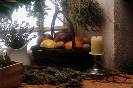 Country Kitchen - window, harvest, candle, still life, herb, basket, counter, season, fruit, vegetable, kitchen