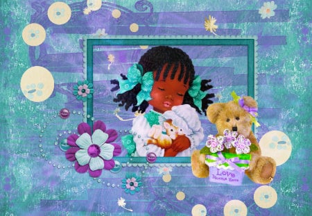 Love Grows Here - purple, cute, flowers, grows, love, yellow, blue, little girl, white, brown, teddy bear, picture, colorful, green