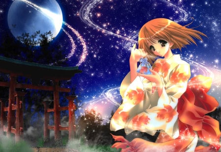 beautiful anime girl on a enchanting night - moon, stars, japanise, girl, night, anime, enchanted