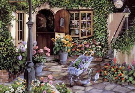 Garden painting - garden art, painting, door, flower