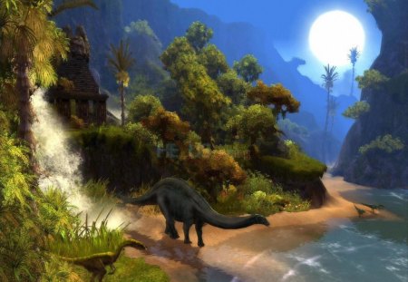 Prehistoric paradise - moon, painting, art, dinosaur, river, tree