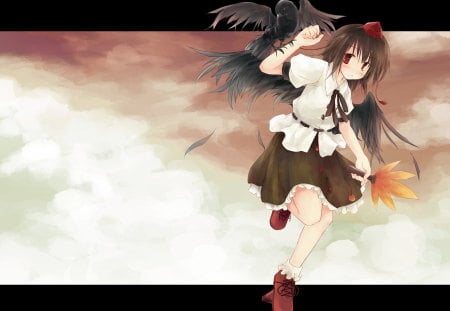 Flyaway - tengu, autumn, music, sunset, japanese, shameimaru, fall, japan, cloud, game, aya, anime, fly, skirt, air, crow, leaves