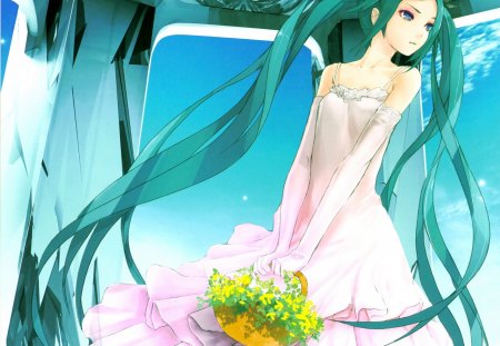 Miku Hatsune - twin tails, vocaloid, flowers, miku hatsune, dress