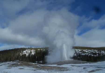 Old Faithful - steam, winter, water spout, blue sky, geyser, old faithful, yellowstone national park