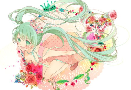 Hatsune Miku - pretty, artistic, pink, flowers, nice, program, beauty, virtual, cg, white, cute, aqua eyes, song, vocaloid, anime, blue, twintail, dress, hatsune miku, music, aqua, red, art, idol, anime girl, beautiful, singer, girl, blush, cool, black, miku, awesome, diva, digital, aqua hair, hatsune, vocaloids