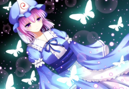 Saigyouji Yuyuko - hot, alone, cool, saigouji yoyuko, pink eyes, smile, japanese clothes, touhou, butterfly, cute, pink hair, light smile, headdress, triangular headpiece