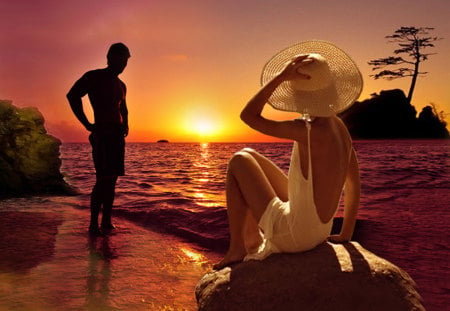 lovers @sunset - sea, sunset, lovers, romantic