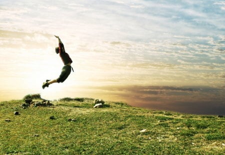 Jump for Joy - jump, sky, happy, joy, mountain, boy