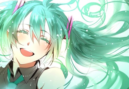 Hatsune Miku - aqua, tears, music, anime girl, white, art, cool, aqua eyes, artistic, hatsune miku, song, vocaloids, program, vocaloid, beautiful, uniform, diva, happy, nice, beauty, twintail, singer, aqua hair, black, virtual, pretty, idol, anime, miku, cute, girl, cg, hatsune, blue, tie, smile, digital, awesome, outfit