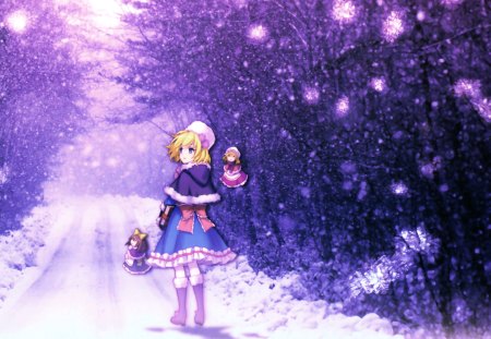 Alice in Wonderland - girl, margatroid, alice, dolls, touhou, purple, wonderland, blue, snow, cute