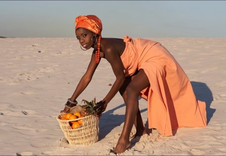 Orange - sand, oceans, beach, orange, woman, dress