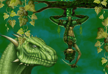 Who's Hunting Who - warrior, dragon, green, hunting, leaves