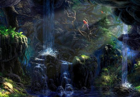 Deep Forest Watefall - deep, sunlight, parrots, watefall, forest, magical