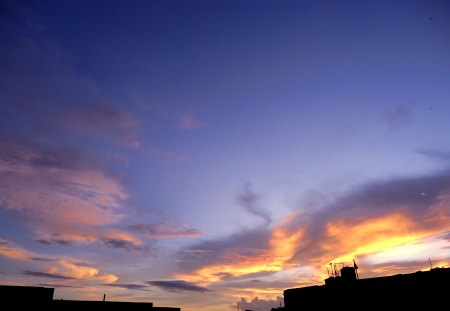 sunset view - colours, clouds, sunset, sun, sky