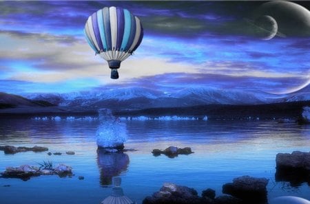 BLUE WORLD - sky, planets, reflection, clouds, blue, water, air balloon, mountains