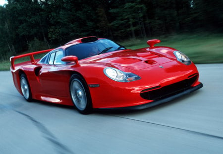 red supercar - trees, silver alloys, red, lights, road, grass, two seater, mid engine