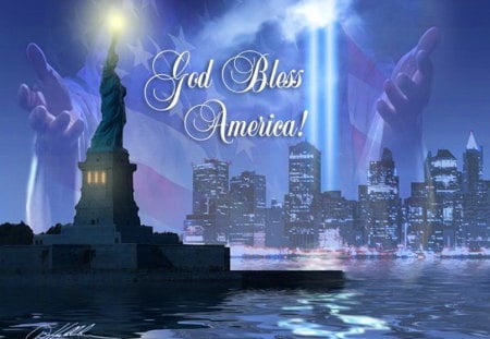 Never to be forgotten - heaven, hands of god, statue of liberty, blue, 911, god bless america, new york, buildings