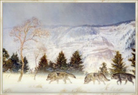 the cruel winter begins - cruel, wolves, winter, prey, beauty, paintings