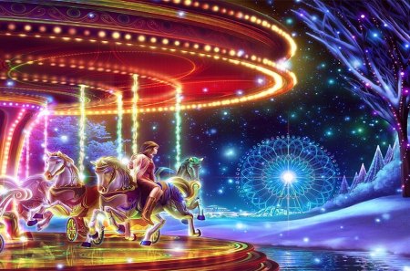 Enchanting Carousel - stars, sparkly, night, child, space, fantasy, gliter, carousel, beautiful, snow, lights