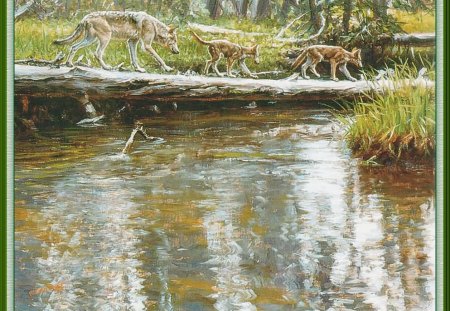 crossing the river - wolves, paintings of wolves, crossing, logs, rivers