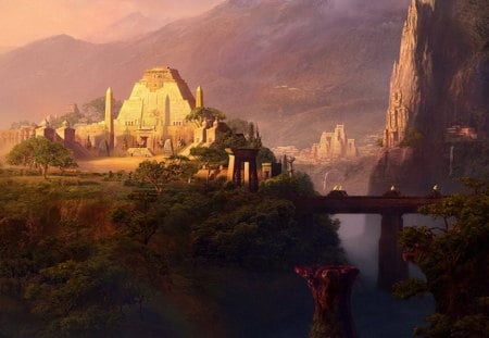 Secret Lands - abstract, river, fantasy, temple, city, forest, mountains, bridge