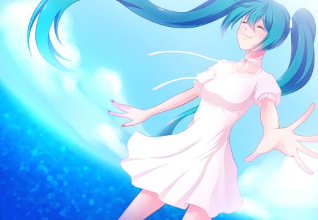 Hatsune Miku - pretty, artistic, light, happy, nice, program, thighhighs, beauty, virtual, cg, white, cute, aqua eyes, song, vocaloid, anime, blue, twintail, beach, dress, hatsune miku, music, aqua, closed eyes, art, sky, idol, clouds, anime girl, water, beautiful, sea, singer, girl, cool, ocean, black, glow, miku, awesome, diva, digital, aqua hair, hatsune, vocaloids