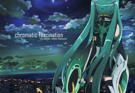 Hatsune Miku - chromatic fascination, volcaloid, hatsune miku, stars, sky