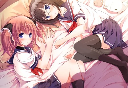 Yuri - short hair, bed, 2girls, glasses, black hait, brown hair, uniform, blue eyes