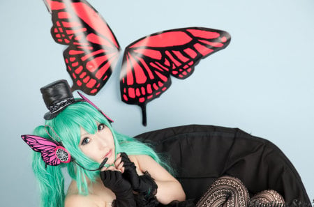 Hatsune Miku by Saku - hot, headset, wings, white, cool, aqua eyes, hatsune miku, sexy, actress, leggings, saku, vocaloids, chair, butterfly, vocaloid, beautiful, pink, dress, beauty, nice, singer, aqua hair, black, model, fishnet stockings, magnet, top hat, pretty, anime, miku, cute, buttrefly, hatsune, cosplayer, microphone, headphones, blue, awesome, photo, cosplay