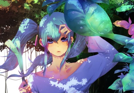 Hatsune Miku - pretty, artistic, pink, light, flowers, plants, nice, program, hot, spring onion, beauty, virtual, cg, white, green, cute, aqua eyes, song, sexy, leek, vocaloid, anime, twintail, dress, hatsune miku, music, aqua, art, idol, anime girl, beautiful, singer, girl, cool, tree, black, glow, miku, negi, awesome, diva, digital, aqua hair, hatsune, vocaloids