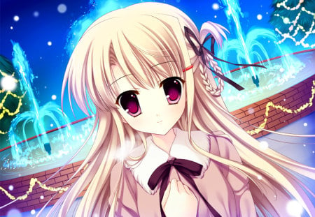 Shirasagi Otoha - water, fountain, girl, ribbon, long hair, uniform, shirasagi otoha