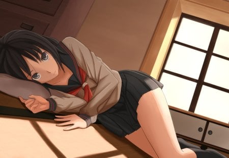 Original - short hair, bed, black hair, blush, uniform