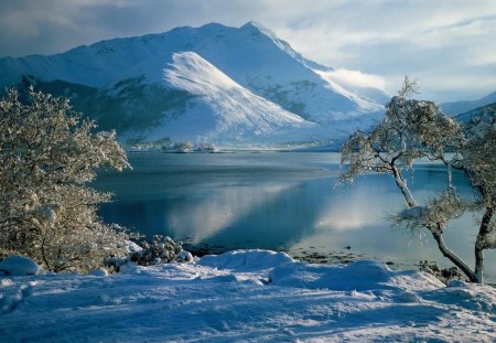 Winter - water, mountain, pond, snow