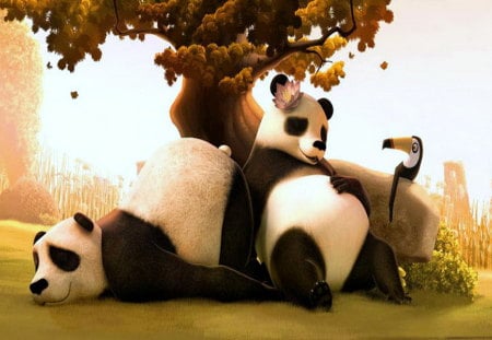 Taking it easy - bird, resting, pandas, grass, black and white, bears, tree