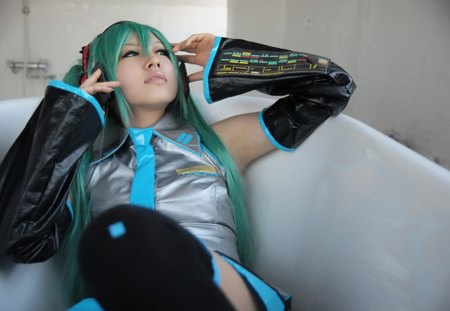 Hatsune Miku by Saya - tie, pretty, uniform, tub, headphones, bathtub, nice, leggings, hot, thighhighs, beauty, actress, cosplayer, white, gray, model, cute, aqua eyes, outfit, sexy, vocaloid, anime, twintail, hatsune miku, photo, microphone, aqua, closed eyes, laying, skirt, beautiful, cosplay, cool, black, saya, miku, awesome, aqua hair, hatsune, vocaloids, headset