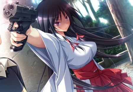 Kasuga Iori - anime, anime girl, female, gun, girl, mirai nostalgia, kasuga iori, cute, weapon, miko, sexy