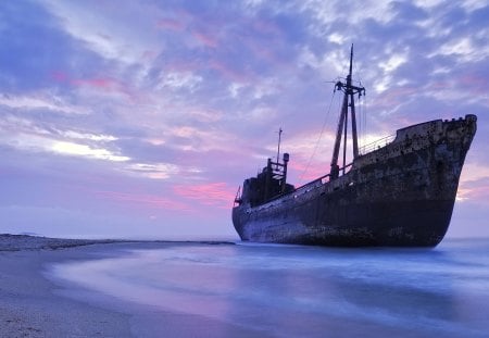 abandoned ship - water, blue, beach, ship, sea, ocean, vehicle, big, sky