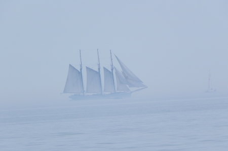 Ship In The Mist - water, ship, boat, mist