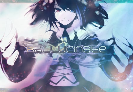 Hallucinate - aqua, headset, music, anime girl, white, purple, art, cool, aqua eyes, artistic, song, vocaloids, program, vocaloid, beautiful, pink, diva, nice, beauty, twintail, singer, aqua hair, black, virtual, pretty, idol, anime, cute, yokune yuko, girl, cg, microphone, headphones, digital, awesome, hallucinate