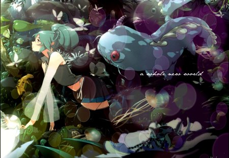 A New World - aqua, hot, thighhighs, music, anime girl, fantasy world, white, art, purple, cool, aqua eyes, artistic, hatsune miku, sexy, skirt, tale, leggings, song, teal, vocaloids, program, vocaloid, pink, beautiful, uniform, diva, beauty, nice, twintail, singer, aqua hair, fantasy, black, virtual, pretty, idol, anime, miku, cute, girl, cg, hatsune, floating, creature, tie, awesome, digital, outfit