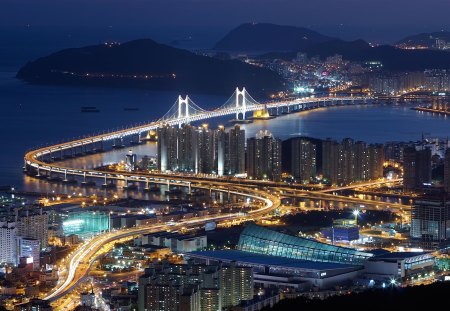 evening on the bridge - photography, water, city, night, lights